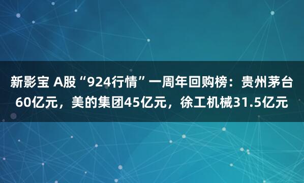 新影宝 A股“924行情”一周年回购榜：贵州茅台60亿元，美的集团45亿元，徐工机械31.5亿元
